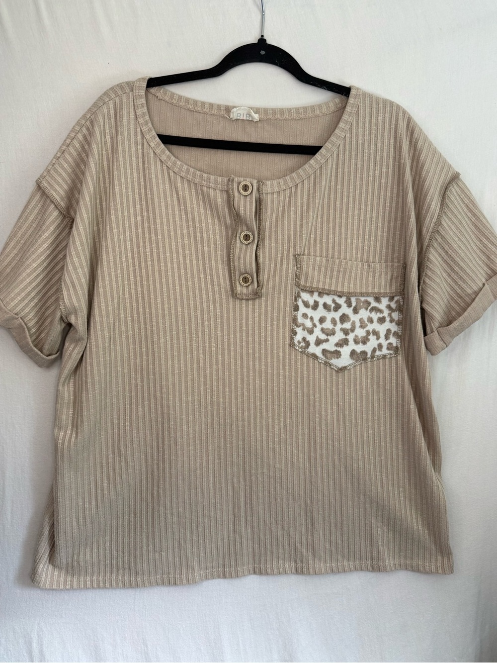 Bibi Tan Short Sleeve Henley Top with Leopard Pocket